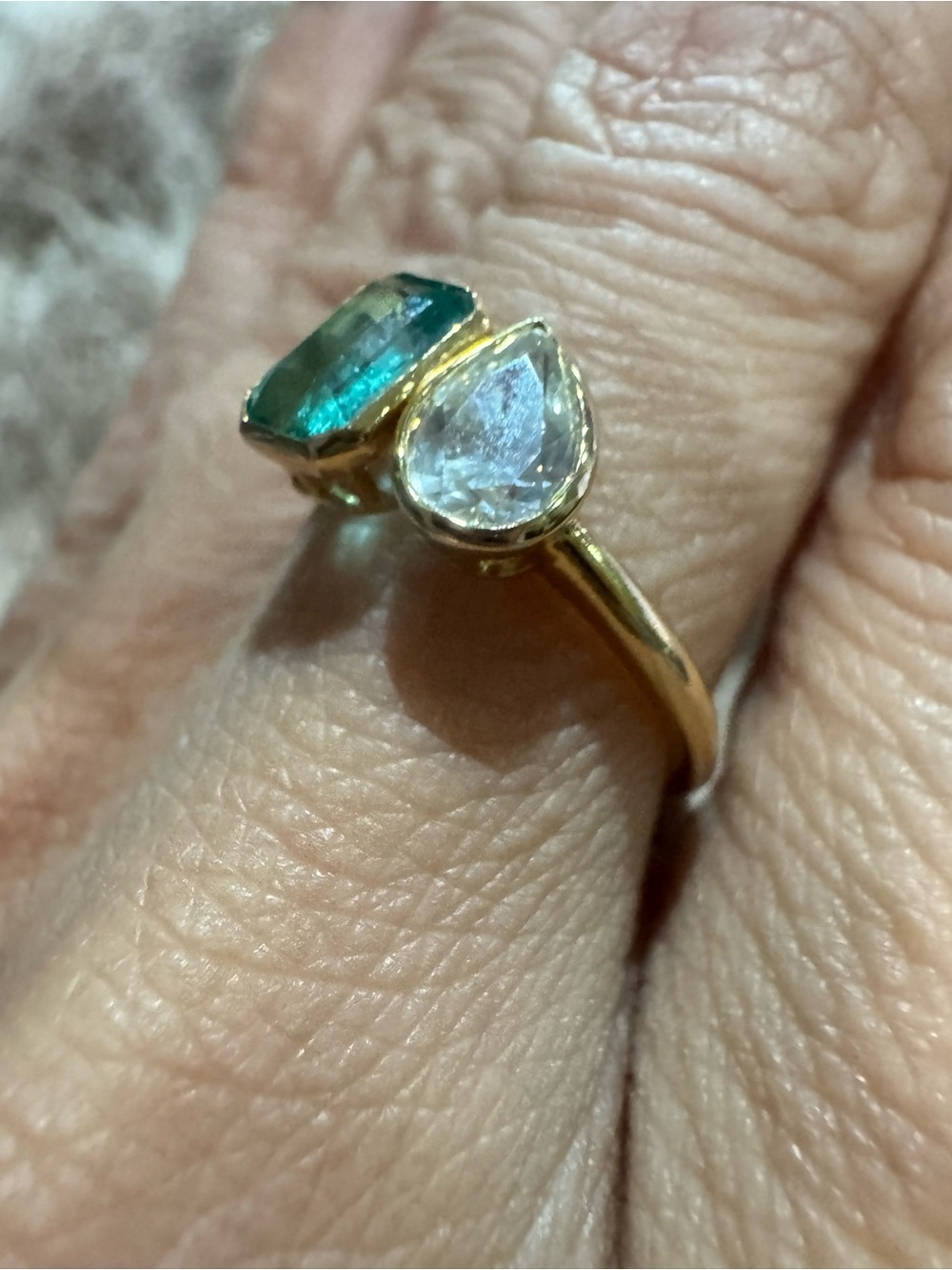 14K Yellow Gold Natural Emerald & Pear Cut Diamond Toi Et Moi Ring Size 6.5 - Picture 7 of 14